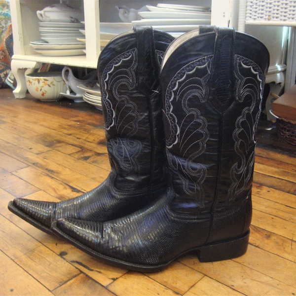 Vintage Black Leather and Reptile Western Cowboy Boots by El Conquistador/Extended Toes/Men's Size 8.5/Great Condition!