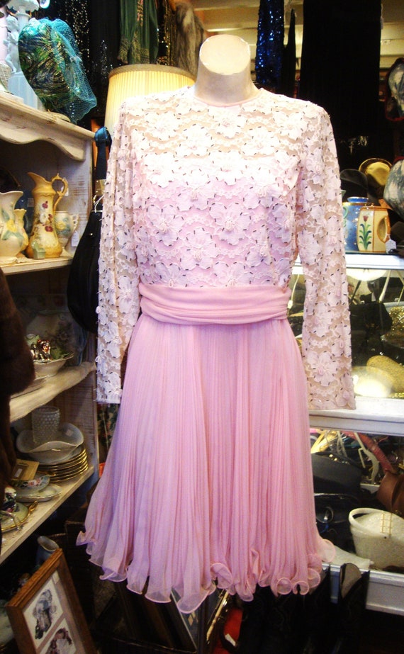Vintage 1960's Beaded Lace and Pleated Skirt Dress