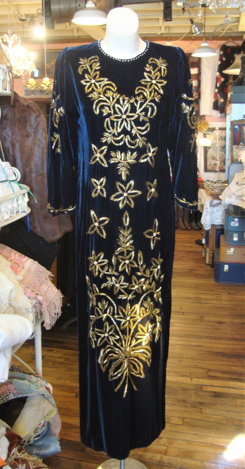 Vintage Midnight Blue Velvet Beaded Dress/Gold Beaded Floral/Size Small image 1