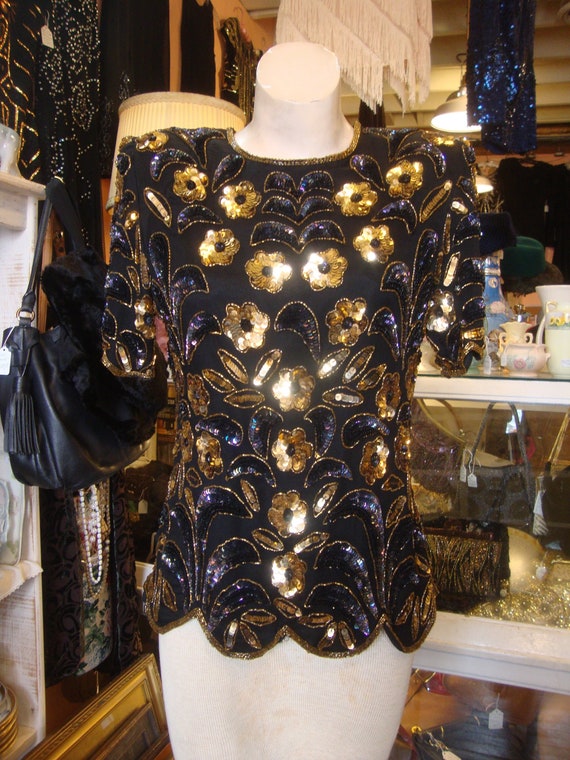 Vintage 1980's 1990's Beaded and Sequinned Silk S… - image 1