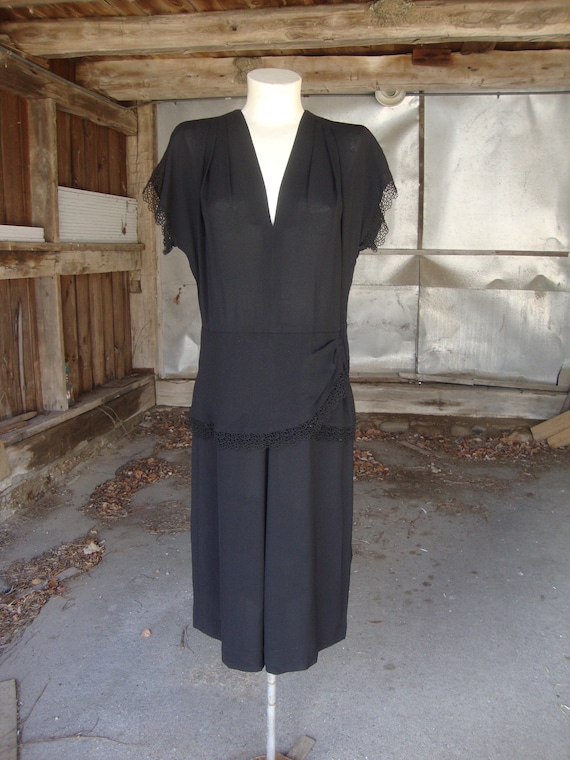 Vintage 1940's Black Rayon Dress with Hip Drape an