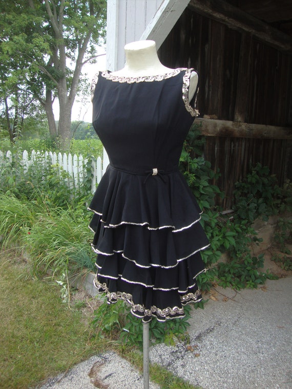 Vintage 1960's Black Rayon Dress with Multi Tier … - image 2