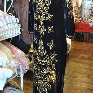 Vintage Midnight Blue Velvet Beaded Dress/Gold Beaded Floral/Size Small image 6