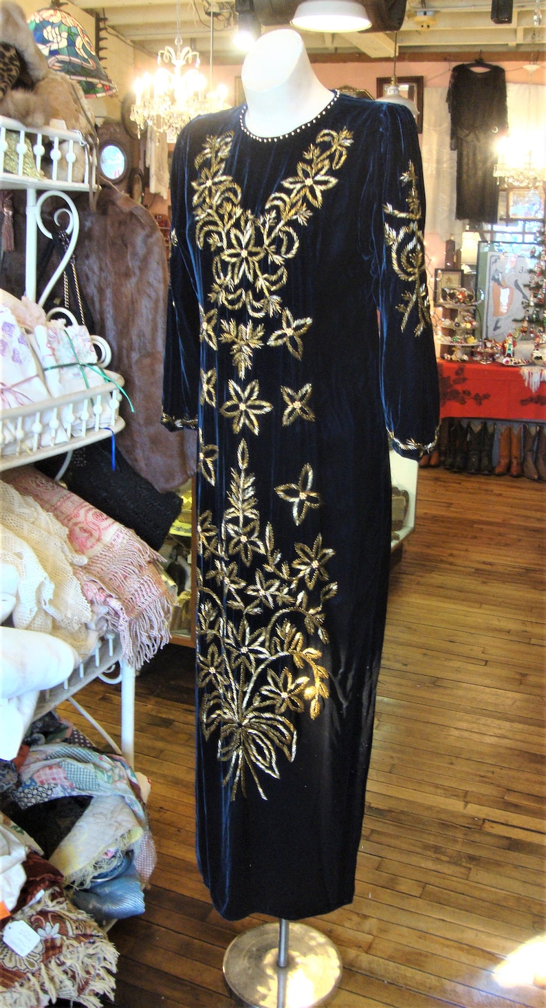 Vintage Midnight Blue Velvet Beaded Dress/Gold Beaded Floral/Size Small image 6