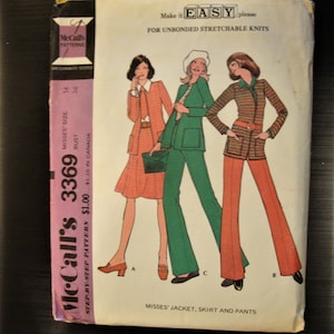 Vintage 1970&#39;s Sewing Pattern for Jacket, Skirt and Pants in Knit Fabric