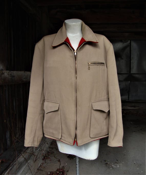 Vintage 1940's 1950's Tan Twill and Red Wool Reve… - image 2