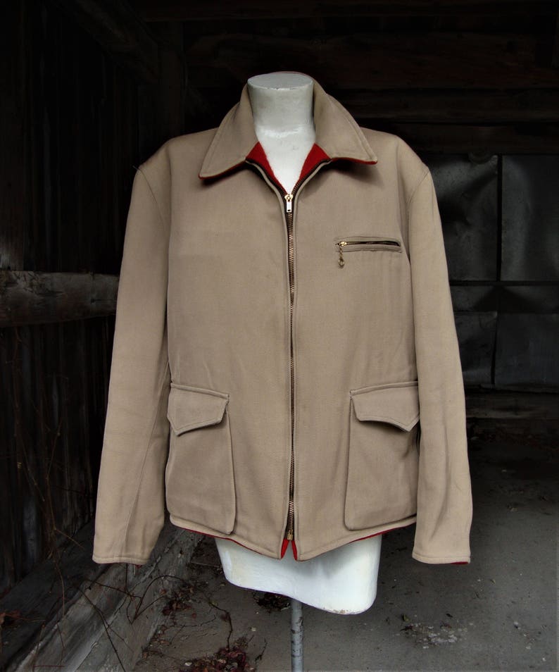 Vintage 1940's 1950's Tan Twill and Red Wool Reversible Back Belt Jacket Size 44 image 2