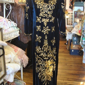 Vintage Midnight Blue Velvet Beaded Dress/Gold Beaded Floral/Size Small image 2