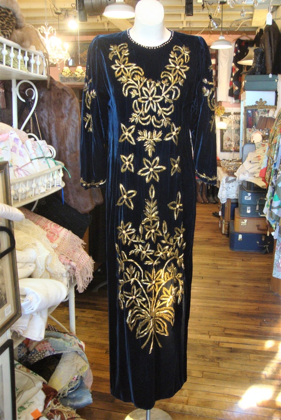 Vintage Midnight Blue Velvet Beaded Dress/Gold Be… - image 2