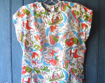 Blusa con botones en la espalda, estampado de la India, Taj Mahal, elefantes, caballos, etc., de seda vintage de los años 40, 50 y 50. Talla extra pequeña a pequeña.