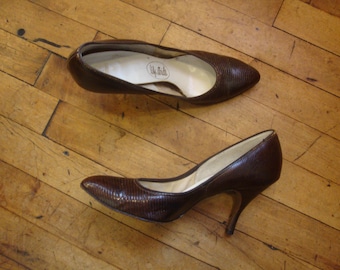 Vintage 1950 's 1960 's bruine faux reptielen hoge hak Pumps schoenen/maat 7 AA