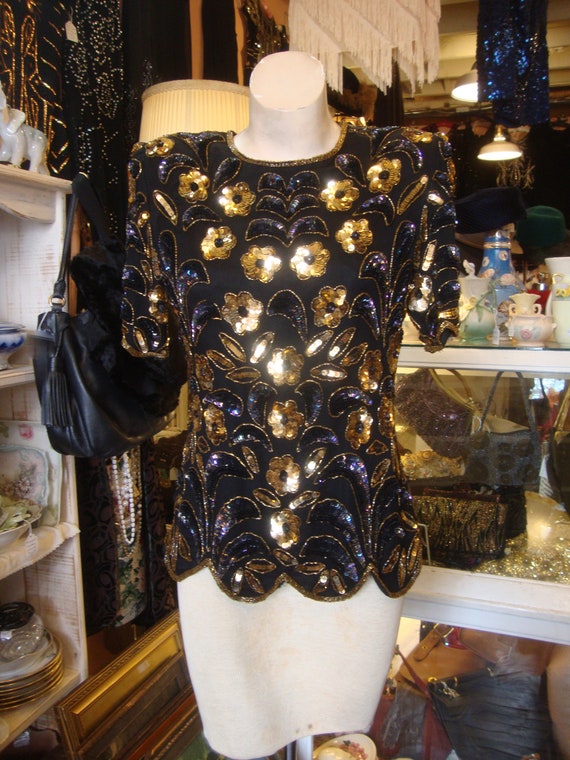 Vintage 1980's 1990's Beaded and Sequinned Silk S… - image 2