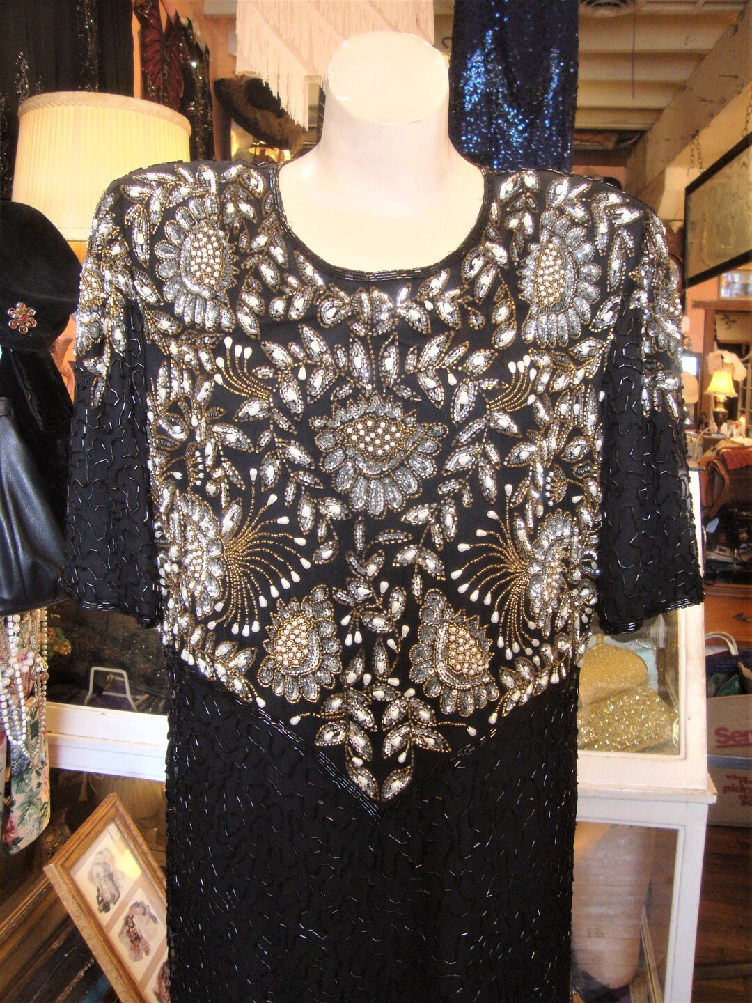 vintage 80's black bead dress w/ jacket S main image 1