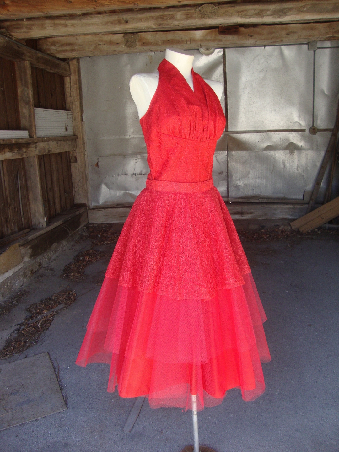 red tulle halter dress Vintage 1950's Lace and Top and Full Skirt 2 Piece Dress-small swatch:highland-hug-black-plaid