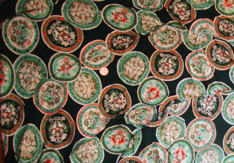 May include: Green fabric with a repeating pattern of white and red circular designs. Each circle features a stylized image of a carriage pulled by horses.