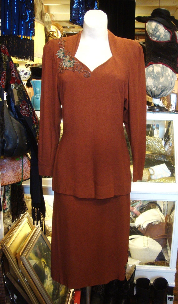 Vintage 1940's Rust Crepe Beaded Two Piece Outfit/