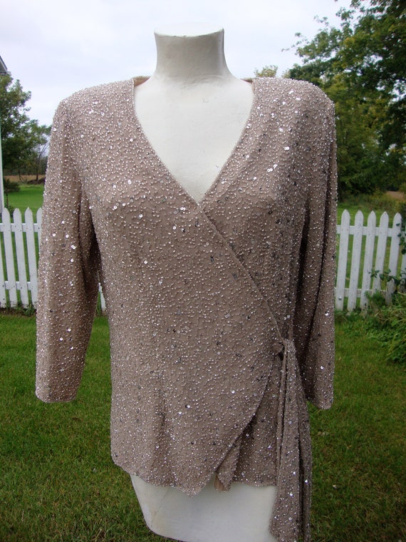 Vintage 1980's 1990's Taupe and Silver Beaded and 