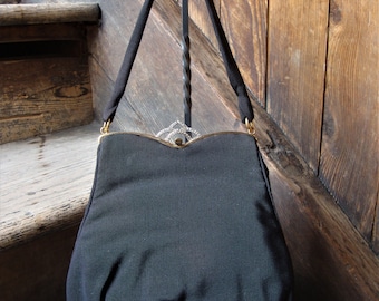 Vintage 1930's 1940's Black Fabric Art Deco Evening Bag Purse Handbag with Marcasites on the Clasp.
