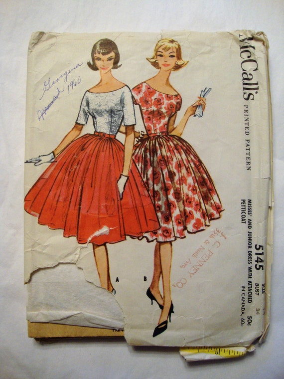 Vintage 1959 McCall's Sewing Pattern: Full Skirt Dress, Bust 34