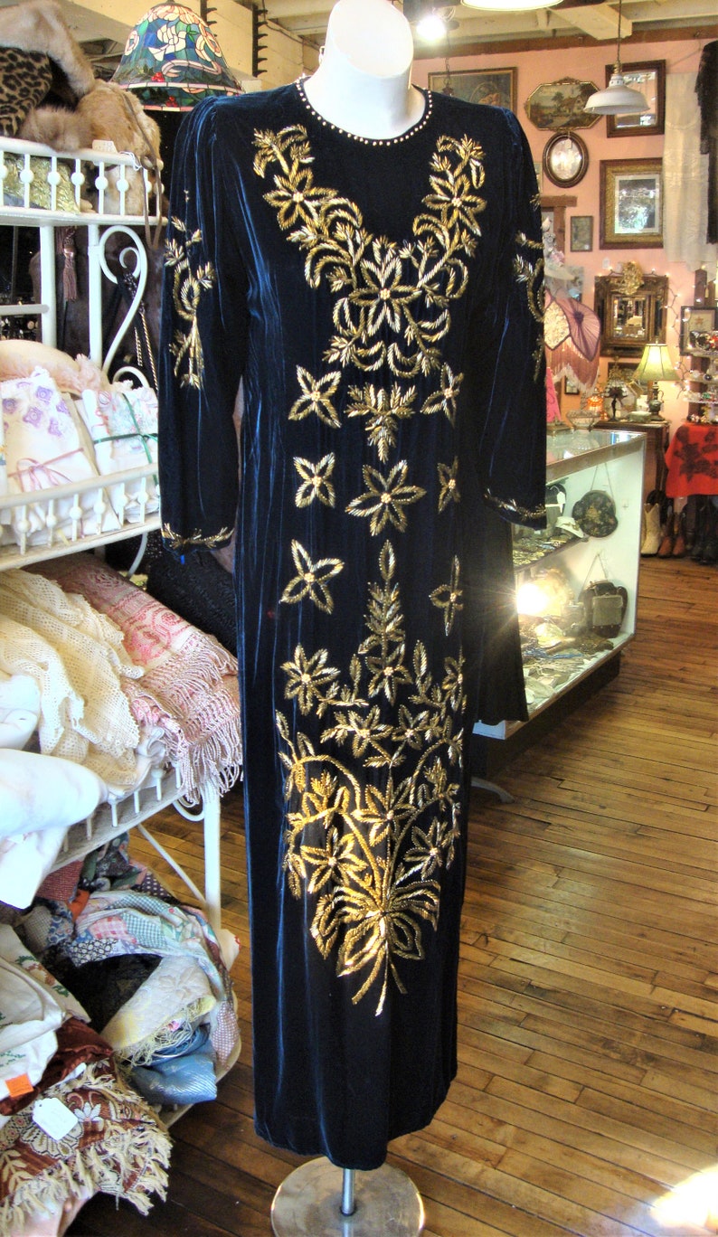 Vintage Midnight Blue Velvet Beaded Dress/Gold Beaded Floral/Size Small image 5