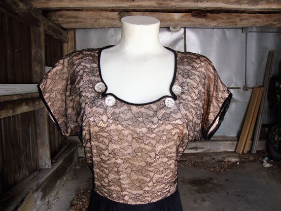 Vintage 1940's Black Lace and Crepe Dress * Small… - image 2