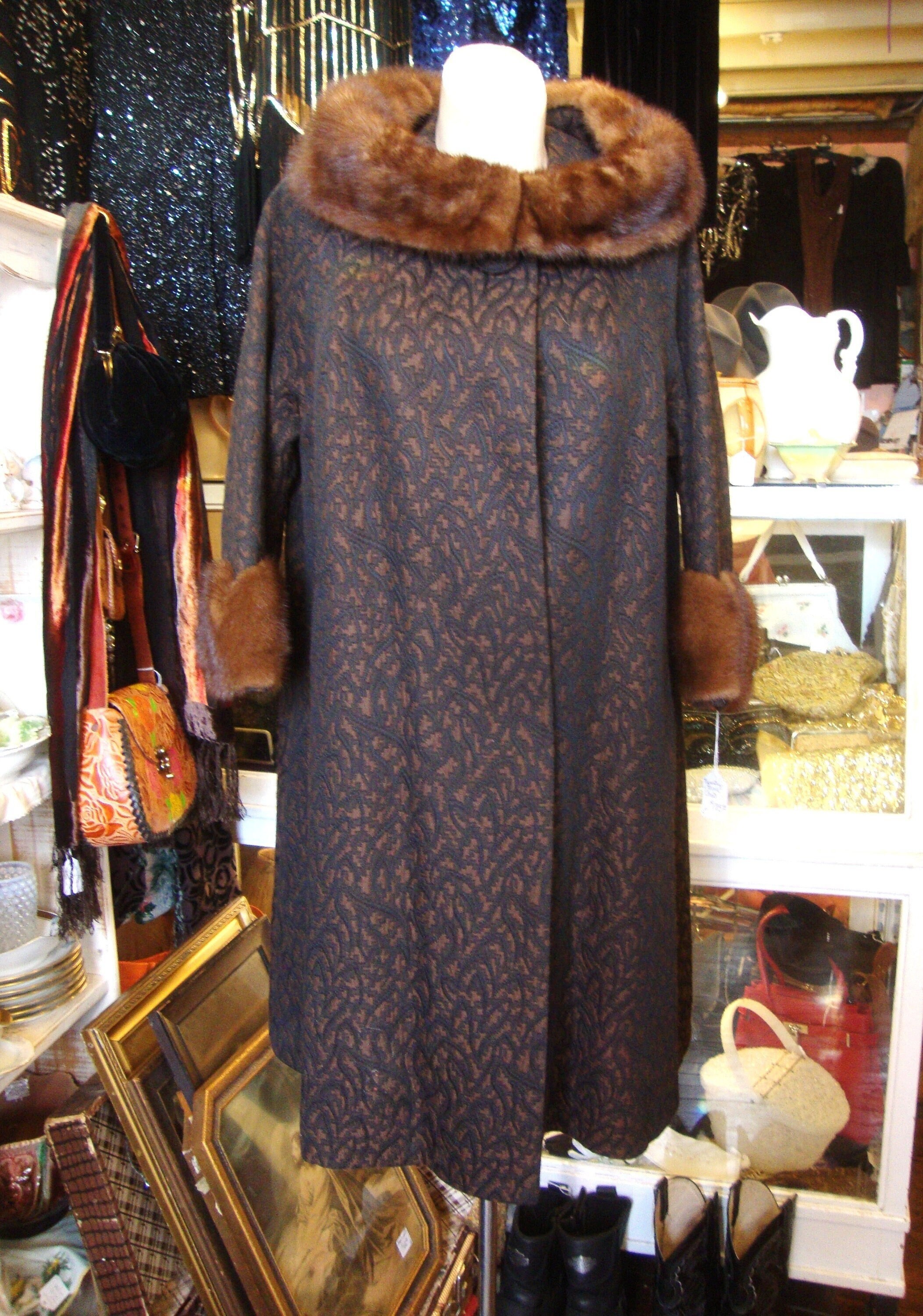 1960s Coats and Jackets Vintage 1950s 1960s Black  Brown Tapestry Wool Swing A-Line Trapeze Coat With Mink Collar CuffsSize Small To Medium $179.00 AT vintagedancer.com
