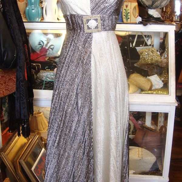 Vintage 1960's 1970's Charcoal and White Lurex Maxi Dress-Size XS-S