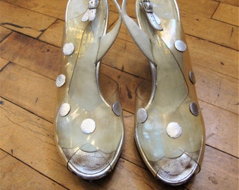 vintage 1950's 50's Transparent Plastic et Brillant Argent Peep Toe High Heel Pin Up Chaussures / Taille 8.5 M