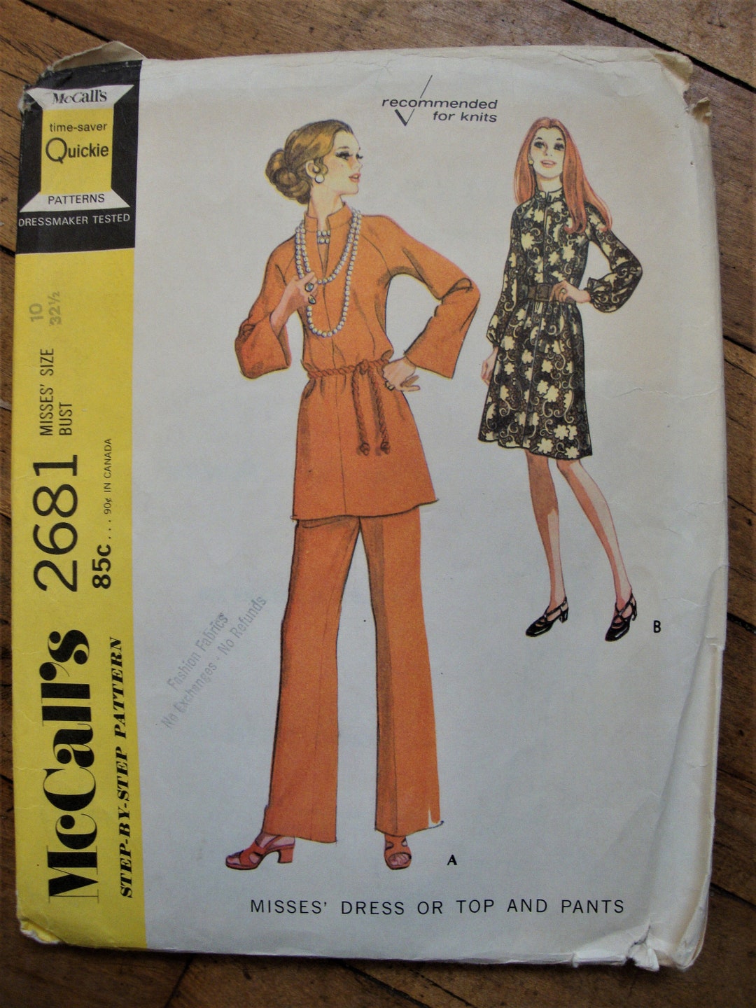 Vintage 1970's Mccall's Sewing Pattern 2681 for Dress or Tunic and