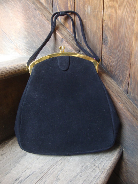 Vintage 1940's 1950's Black Suede Purse Handbag G… - image 3