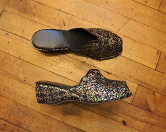 Vintage 1950's 50's Deadstock Brocade Peeptoe Wedgie Slippers/Size 7