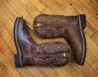Stivali da lavoro da cowboy vintage originali Justin in pelle marrone da uomo/taglia 6.5B
