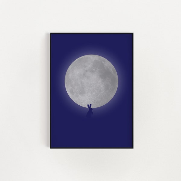 Moon Rabbit Wall Art Print | Blue Indigo Color | Semi Abstract Surreal Art | Harvest Moon | Printable Instant Download