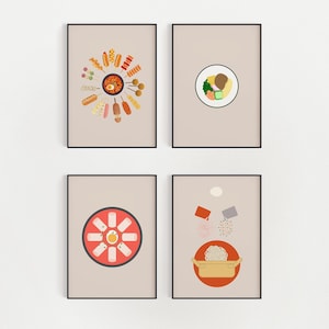 koreanisches Essen Kunstdruck Set | Comfort Food 4er Set: Kimbap, Sin Ramyeon, Tteokbokki, Street Snacks (Digitaler Download)