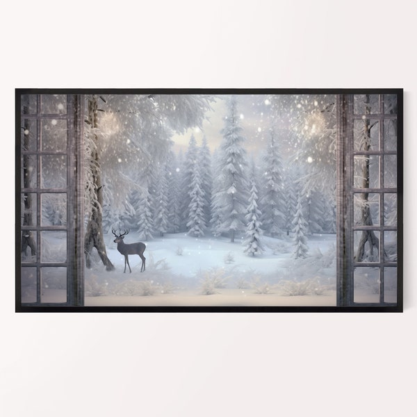 Winter Frame TV Art, Window View of Snowy Landscape, Reindeer in the Woods, Winter Wonderland, Digital Download Wall Art, 16:9 Aspect Ratio