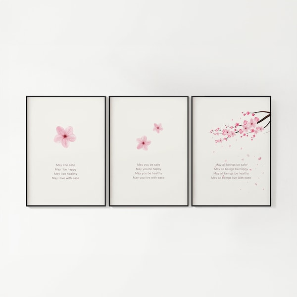 Loving Kindness (Metta Prayer) Meditation Wall Art, Mindfulness Poster, Sakura Cherry Blossoms, Magenta Pink, Printable Digital Download