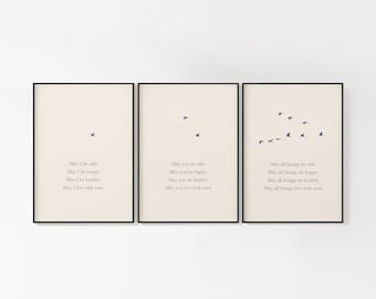 Loving Kindness (Metta Prayer) Art Prints, Mindfulness Meditation Gift, Flying Birds in V Formation, Minimalist Art, Printable Wall Art