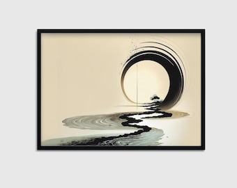 Arte mural imprimible inspirado en Enso, decoración asiática minimalista wabi sabi, arroyo con paisaje abstracto, arte zen de atención plena, tonos tierra
