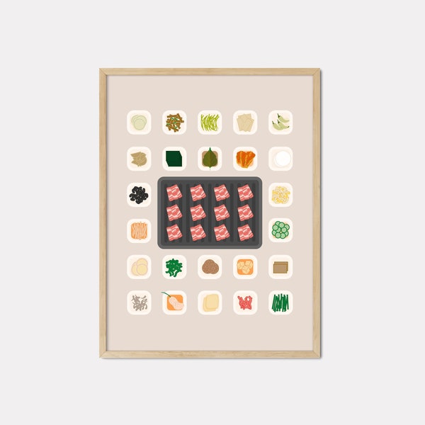 Galbi (Kalbi) BBQ & Banchan, Korean Food Art Print, Mid Century Modern Minimalist Art, Printable Instant Download, Wall Art Gift for Foodies