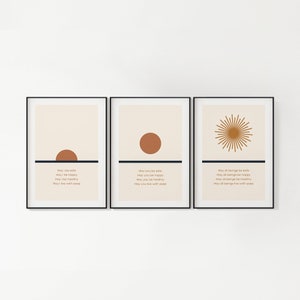 Loving Kindness (Metta Prayer) Printable Wall Art, Mindfulness Meditation Gift, Sunrise Horizon, Minimalist Mid Century Modern, Set of 3
