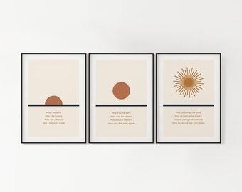 Loving Kindness (Metta Prayer) Printable Wall Art, Mindfulness Meditation Gift, Sunrise Horizon, Minimalist Mid Century Modern, Set of 3
