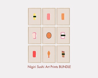Japanese Food Art Print BUNDLE, 9 Nigiri Sushi, Minimalist Contemporary Modern Art, Printable Digital Download, Gift for Foodies