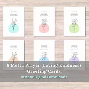 Tarjetas de felicitación minimalistas de bondad amorosa (oración de Metta) (5 x 7 in), juego de 6, varios colores, ramos de flores, descarga digital imprimible