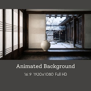 May include: A white ceramic moon jar sits on a dark wooden floor in front of a traditional sliding door. Through the open doorway, a snow-covered courtyard with a bare tree is visible, framed by dark wooden architecture and paper screens.