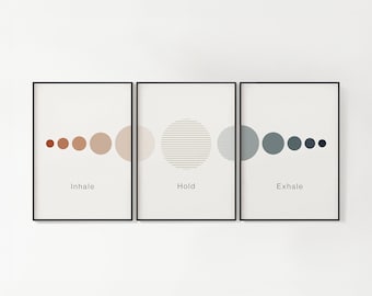Inhale Exhale Printable Wall Art, Abstract Mid Century Modern, 3-Piece Breathwork Art, Mindfulness Meditation Gift, Zen Den Decor