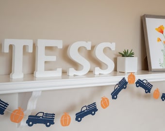 Pumpkin Truck Garland, Fall Banner, Navy Blue Pickup Truck, Pumpkin Picking Decor