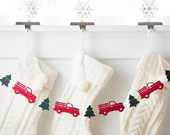 Red Christmas Tree Truck Garland, Christmas Mantel Decor, Vintage Red Truck Banner