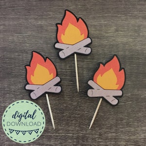 Printable Campfire Cupcake Toppers, Camping Theme Digital Download, Camping Downloadable Party Decor image 2