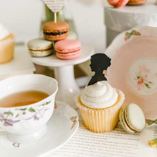 Black Silhouette Cupcake Toppers, Reading Theme Baby Shower, Jane Austen Party Ideas, Vintage Book Party Decor, Book Club Cupcakes