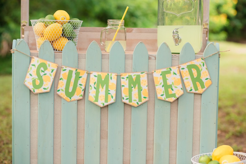 May include: A lemonade stand with a green picket fence and a banner that says "SUMMER" with a lemon pattern. There is a glass jar with lemonade and a pitcher of lemonade on the stand.